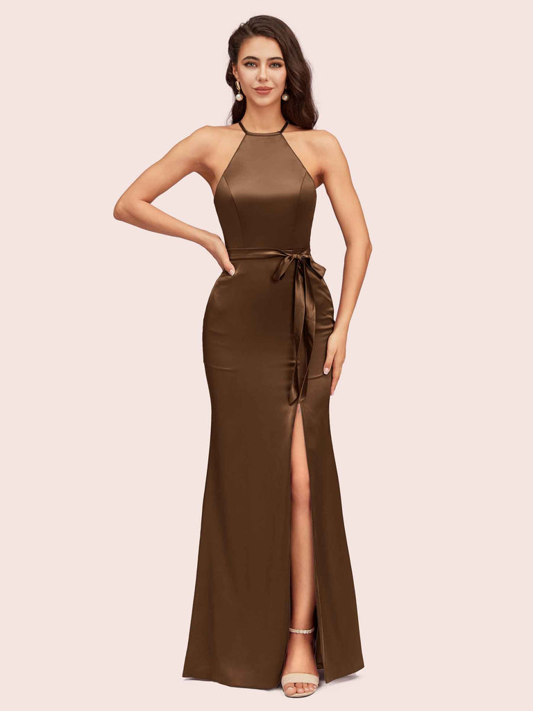 Sexy Mermaid Halter Long Silky Satin Party Prom Dresses With Slit Sexy Mermaid Halter Long Silky Satin Party Prom Dresses With Slit