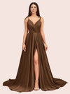 Elegant Spaghetti Straps V-neck Long Soft Satin Side Slit Bridesmaid Dresses For Sale