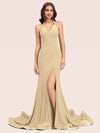 Sexy Halter V-neck Side Slit Stretchy Jersey Long Mermaid Bridesmaid Dresses