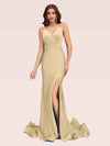 Sexy Spaghetti Straps V-neck Open Back Side Slit Stretchy Jersey Long Mermaid Bridesmaid Dresses