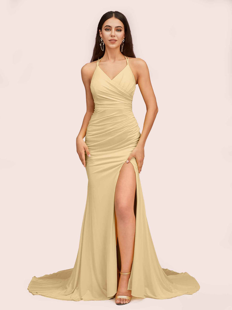 Sexy Spaghetti Straps Sleeveless Mermaid Jersey Long Formal Prom Dresses With Slit