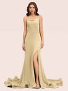 Sexy Backless Criss Cross Side Slit Stretchy Jersey Long Mermaid Bridesmaid Dresses