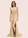 Sexy Spaghetti Straps V-neck Side Slit Stretchy Jersey Long Mermaid Bridesmaid Dresses For Sale