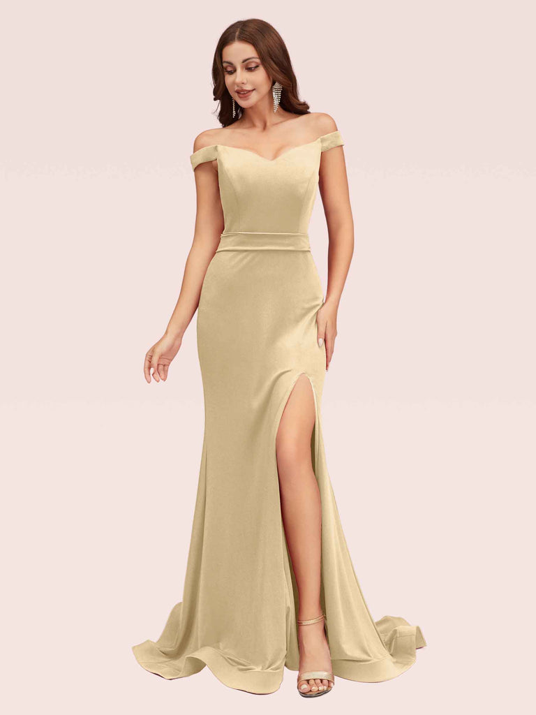 Sexy Off Shoulder Side Slit Stretchy Jersey Long Mermaid Bridesmaid Dresses Online