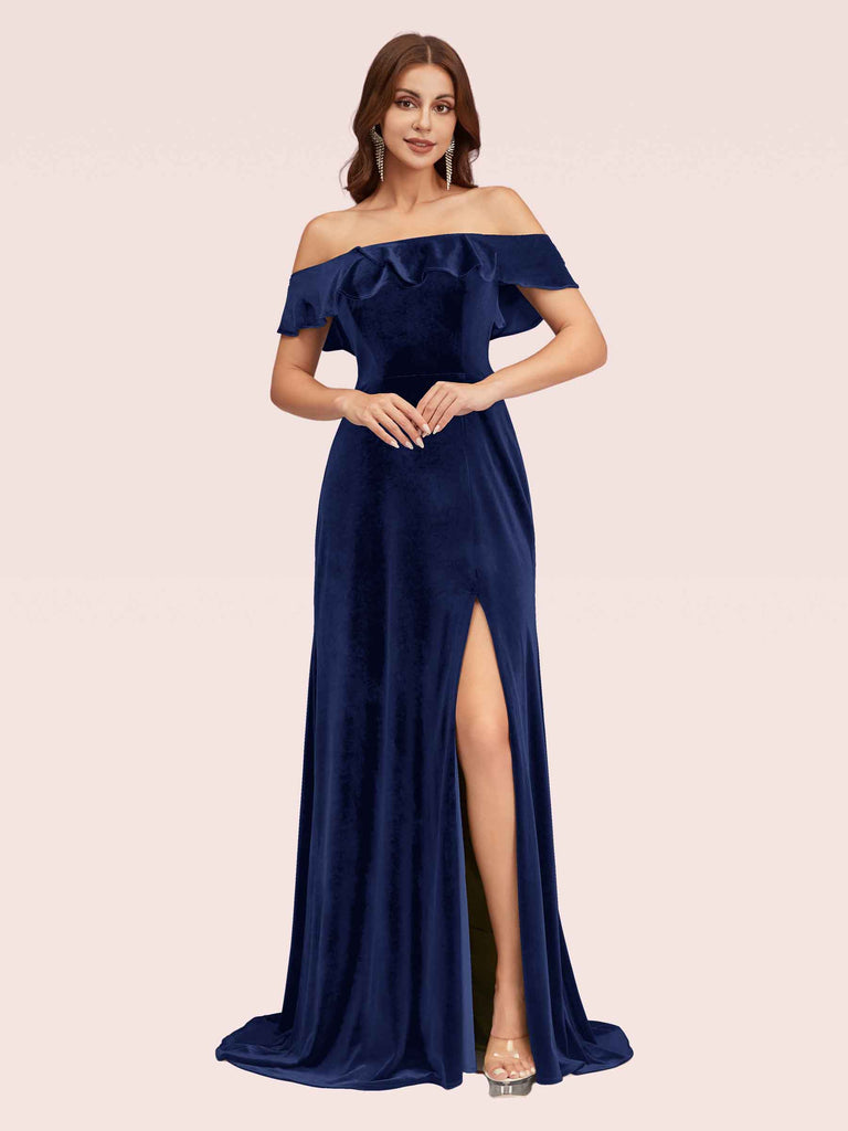 Elegant Off Shoulder Side Slit Long Velvet Bridesmaid Dresses Online Elegant Off Shoulder Side Slit Long Velvet Bridesmaid Dresses Online