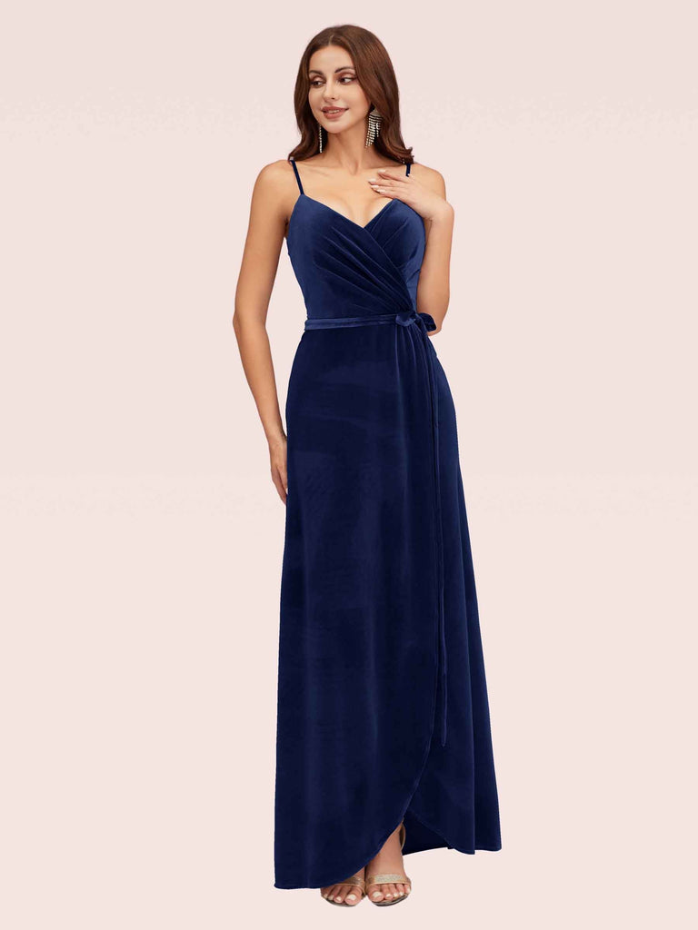 Elegant Velvet Spaghetti Straps V-neck Modern Long Prom Dresses With Slit Elegant Velvet Spaghetti Straps V-neck Modern Long Prom Dresses With Slit