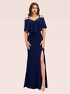 Sexy Cold Shoulder Velvet Mermaid Long Evening Prom Dresses With Slit