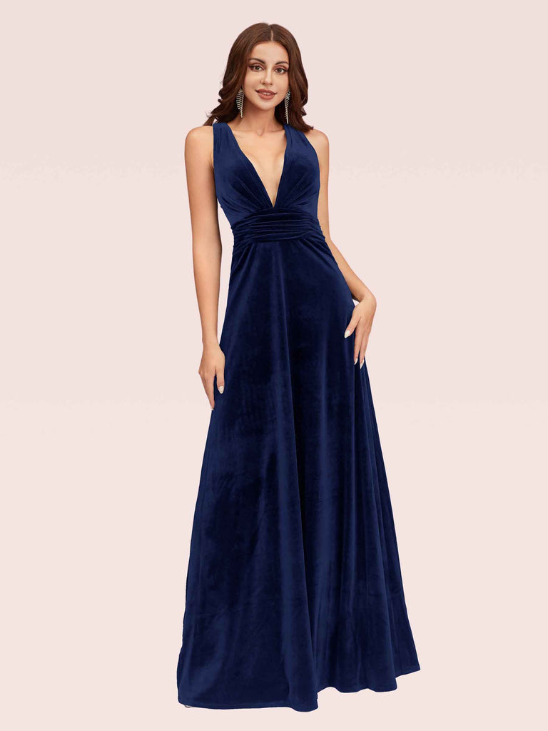 Cetims Elegant Deep V Neck Velvet Bridesmaid Dress Dark Navy