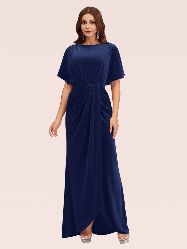 Elegant Velvet Bateau Bat Sleeve Side Slit Long Graduation Prom Dresses With Slit Elegant Velvet Bateau Bat Sleeve Side Slit Long Graduation Prom Dresses With Slit