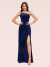 Sexy Simple One Shoulder Long Velvet Graduation Prom Dresses With Slit
