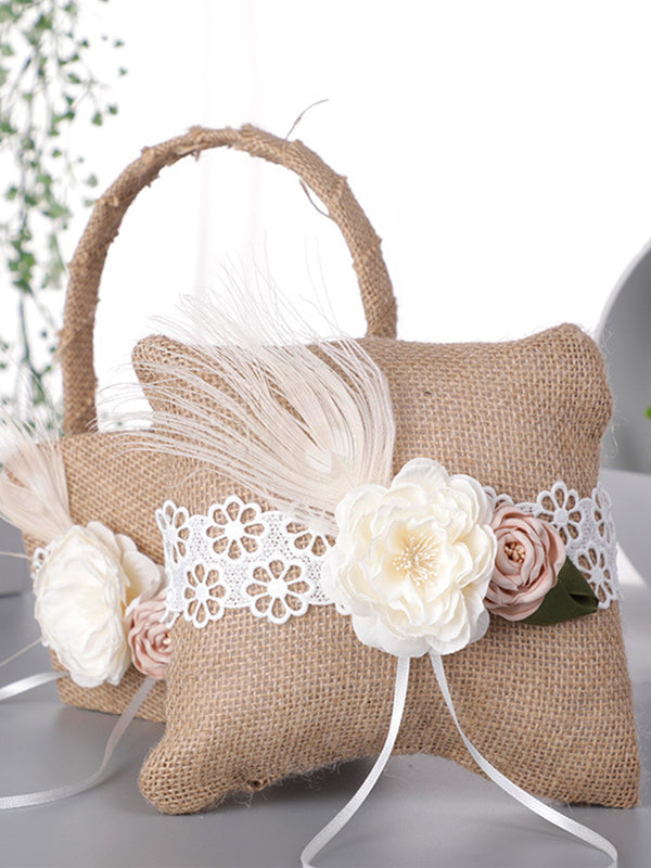 Vintage Scrims Linen Flower Bow Country Style Wedding Ring Pillow, JZH-5957