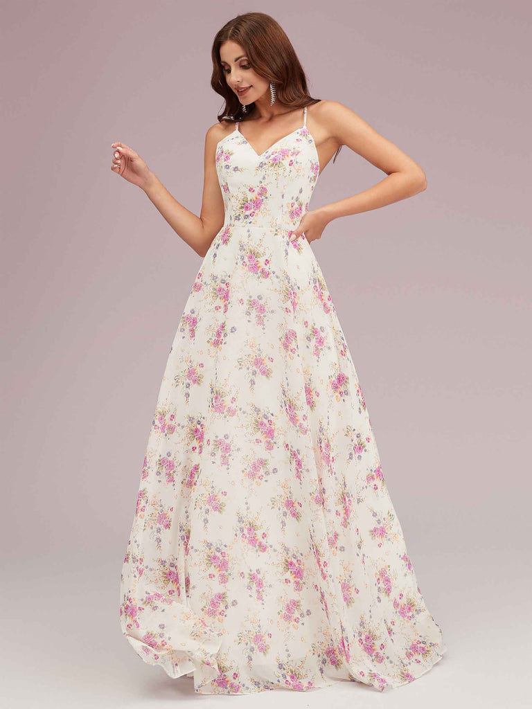 Cute Floral Chiffon Spaghetti Straps V-neck Long Formal Prom Dresses Online Cute Floral Chiffon Spaghetti Straps V-neck Long Formal Prom Dresses Online