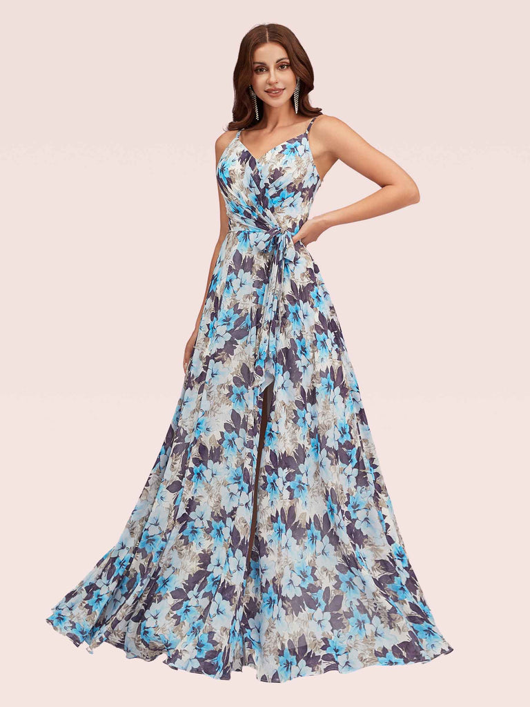 Elegant Floral Chiffon Spaghetti Straps V-neck Long Graduation Prom Dresses With Slit Elegant Floral Chiffon Spaghetti Straps V-neck Long Graduation Prom Dresses With Slit