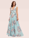 Cute Floral Chiffon Blue Deep V-neck Long Bridesmaid Dresses
