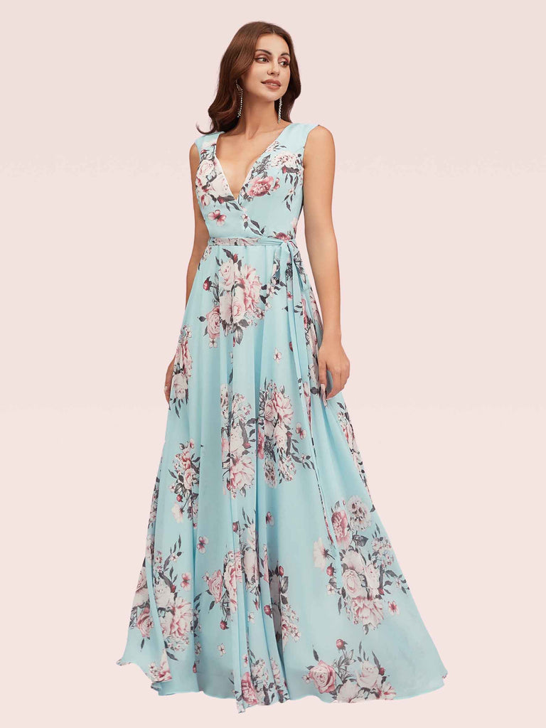 cute flowery dresses Cute Floral Chiffon Blue Deep V-neck Long Formal Prom Dresses