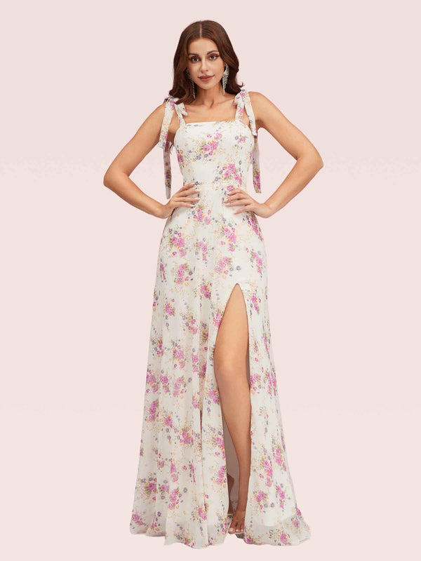 Cute Floral Chiffon Square Side Slit Long Bridesmaid Dresses Online