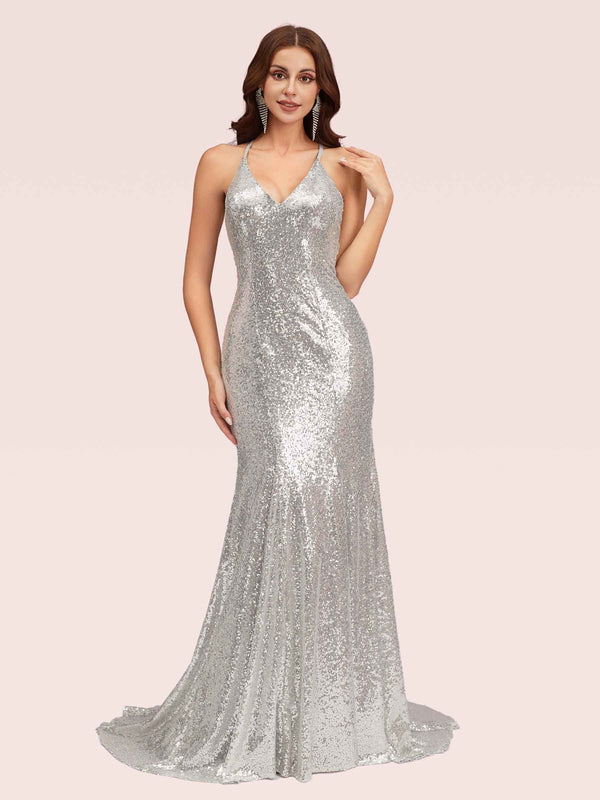 Sexy Backless Halter V-neck Backless Silver Sequin Long Mermaid Prom Dresses