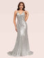 Sexy Backless Halter V-neck Backless Silver Sequin Long Mermaid Prom Dresses