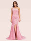 Pink One Shoulder Side Slit Lace Applique Long Mermaid Prom Dresses