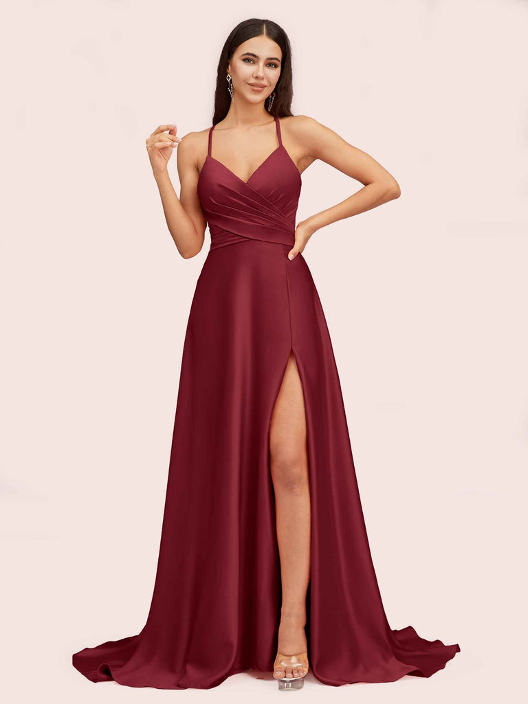 Elegant A-line Spaghetti Straps Long Soft Satin Party Prom Dresses With Slit Elegant A-line Spaghetti Straps Long Soft Satin Party Prom Dresses With Slit