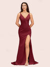 Sexy Mermaid V-neck Side Slit Long Soft Satin Bridesmaid Dresses Online For Sale