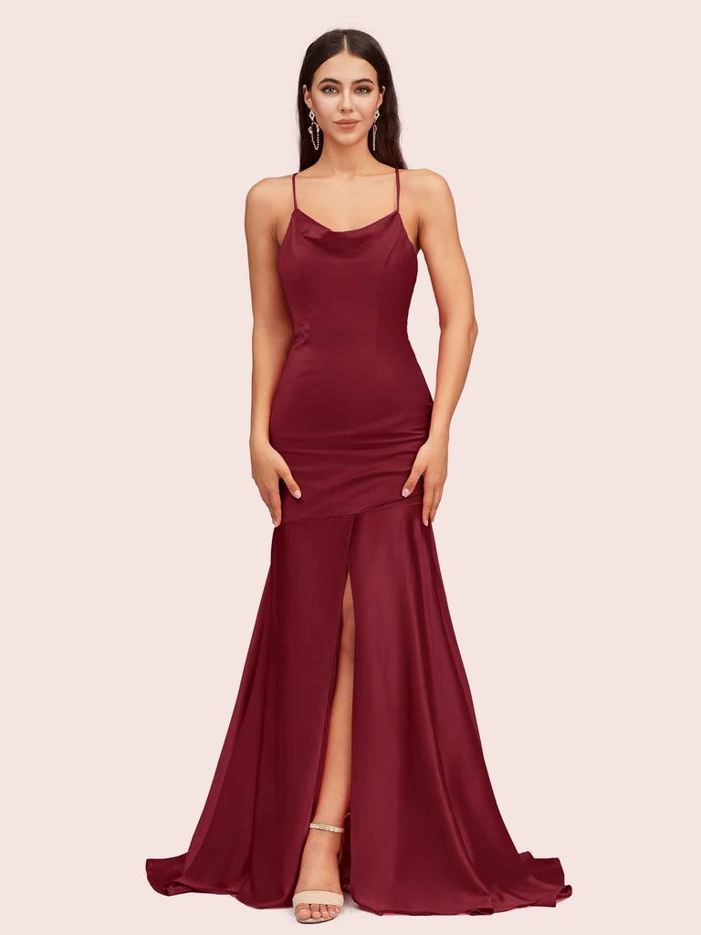 Sexy Backless Mermaid Spaghetti Straps Long Soft Satin Prom Dresses With Slit Sexy Backless Mermaid Spaghetti Straps Long Soft Satin Prom Dresses With Slit