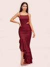 Sexy Unique Mermaid Spaghetti Straps Asymmetrical Soft Satin Bridesmaid Dresses