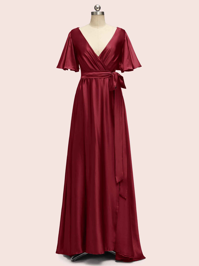 Elegant V-Neck A-Line Long Soft Satin Short Sleeve Bridesmaid Dresses Elegant V-Neck A-Line Long Soft Satin Short Sleeve Bridesmaid Dresses