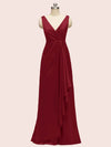 Elegant V-neck Floor Length Long Soft Satin Bridesmaid Dresses With Slit