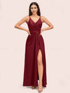 Modern Spaghetti Straps V-neck Side Slit Long Satin Bridesmaid Dresses With Slit