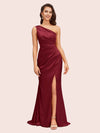 Elegant One Shoulder Mermaid Side Slit Silky Satin Evening Prom Dresses Online