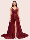 Elegant Spaghetti Straps V-neck Long Soft Satin Side Slit Bridesmaid Dresses