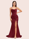 Sexy Backless Mermaid Spaghetti Straps Scoop Long Soft Satin Bridesmaid Dresses With Slit