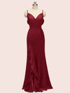 Sexy Mermaid Spaghetti Strap V-neck Long Soft Satin Prom Dresses With Slit