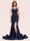 Sexy Halter V-neck Side Slit Stretchy Jersey Long Mermaid Bridesmaid Dresses