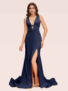 Sexy Backless V-neck Open Back Side Slit Stretchy Jersey Long Mermaid Bridesmaid Dresses