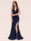 Sexy Halter Sleeveless Open Back Side Slit Stretchy Jersey Long Mermaid Bridesmaid Dresses