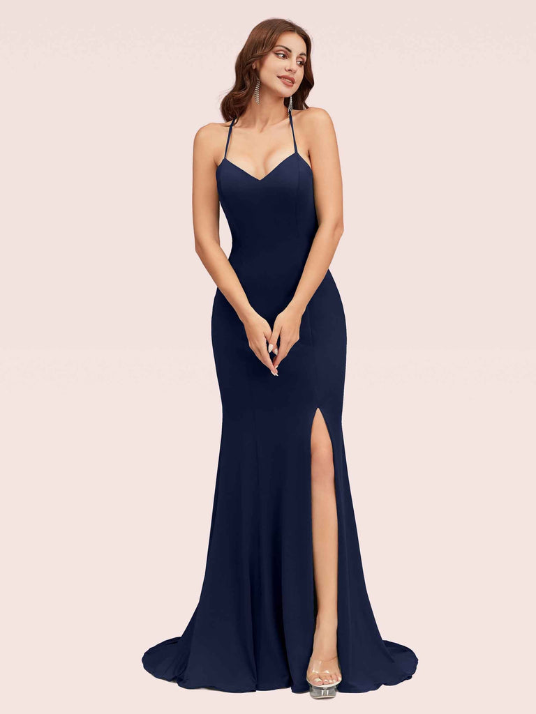 Sexy Halter Criss Cross Back Stretchy Jersey Long Mermaid Evening Prom Dresses With Slit