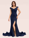Sexy V-neck Side Slit Stretchy Jersey Long Mermaid Bridesmaid Dresses For Sale