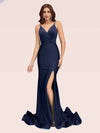 Sexy Backless Spaghetti Straps V-neck Side Slit Stretchy Jersey Long Mermaid Prom Dresses
