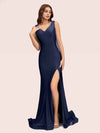 Sexy Backless V-neck Side Slit Stretchy Jersey Long Mermaid Party Prom Dresses