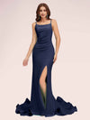 Sexy Backless Spaghetti Straps Side Slit Stretchy Jersey Long Mermaid Bridesmaid Dresses