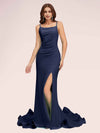 Sexy Backless Spaghetti Straps Side Slit Stretchy Jersey Long Mermaid Prom Dresses