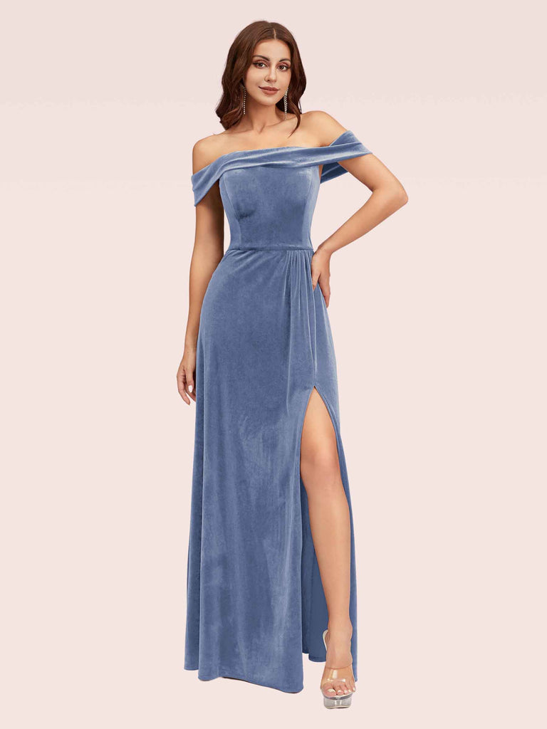 Elegant Stretch Velvet Off Shoulder Side Slit Long Bridesmaid Dresses Online Elegant Stretch Velvet Off Shoulder Side Slit Long Bridesmaid Dresses Online