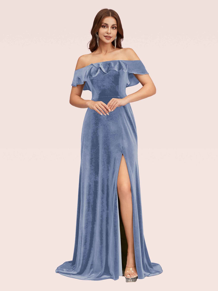 Elegant Off Shoulder Side Slit Long Velvet Bridesmaid Dresses Online For Sale