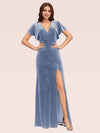 Sexy Bat Sleeves V-neck Long Stretch Velvet Bridesmaid Dresses With Slit