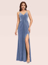 Sexy Spaghetti Strap V-Neck Long Velvet Bridesmaid Dress With Slit