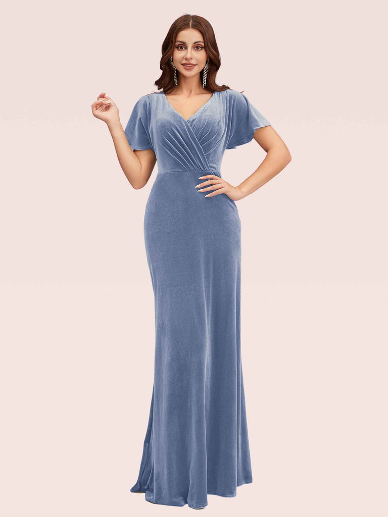dusty blue velvet bridesmaid dress Dusty Blue Draped Velvet Mother of Bride Dress With Shawl Dress Only / Floor Length
