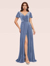 Elegant Velvet V-neck Side Slit Short Sleeves Long Evening Prom Dresses Online