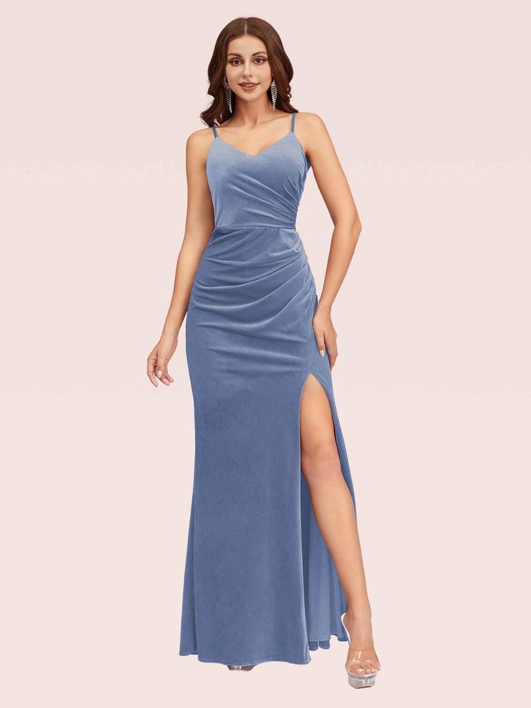 Sexy Spaghetti Straps Long Mermaid Velvet Evening Prom Dresses Online
